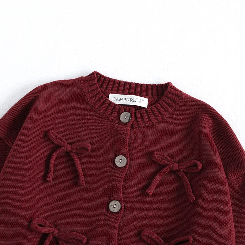 MiniAinis Autumn Winter New Girls Cotton Knit Long Sleeved O-neck Bowknot Red Sweater Jacket Girl Knitted Bow Top Coat Clothes