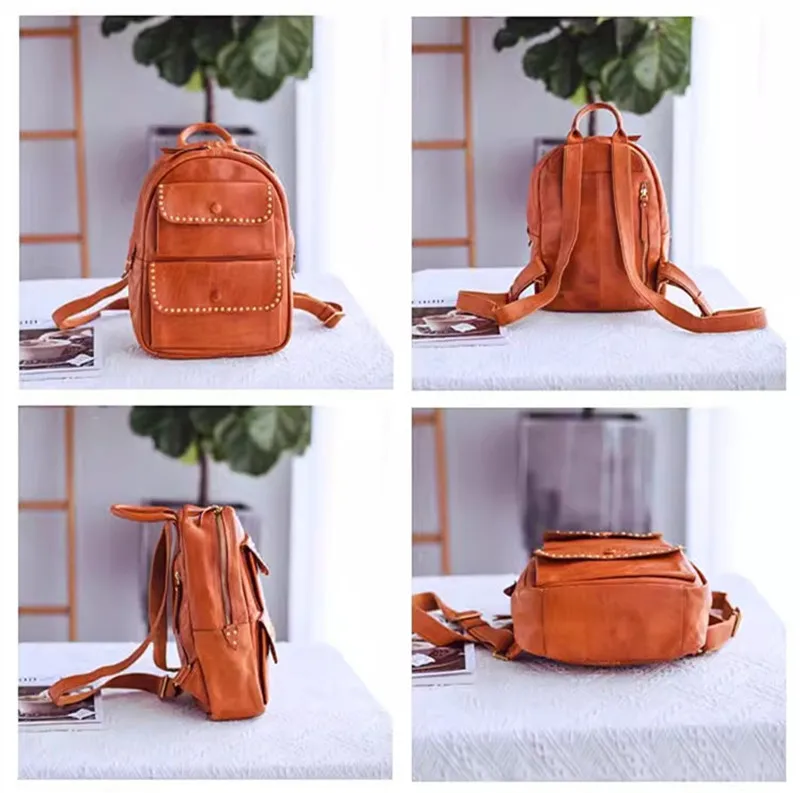 Fashion vintage luxury genuine leather women's backpack organizer designer handmade first layer cowhide female rivet bookgpack