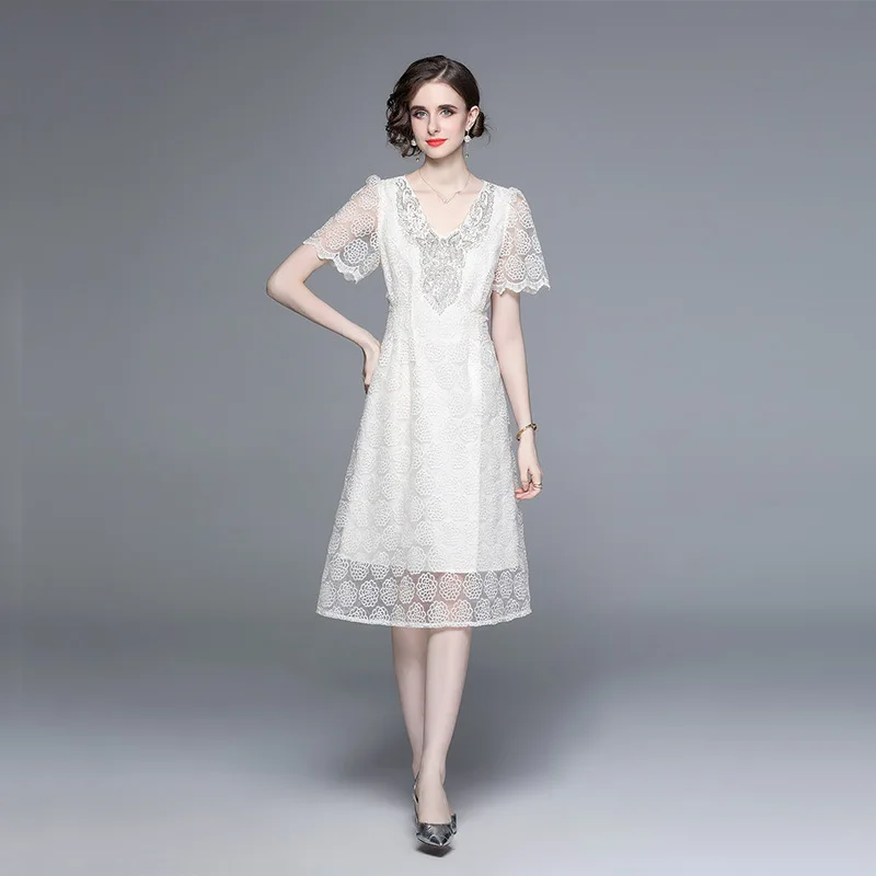 استراحة الشاي الطويلة Dr مع التطريز الثقيل V-Ne منتفخ Sves وتصميم زهرة الشاي الشتاء تنورة محبوكة عالية الخصر #1