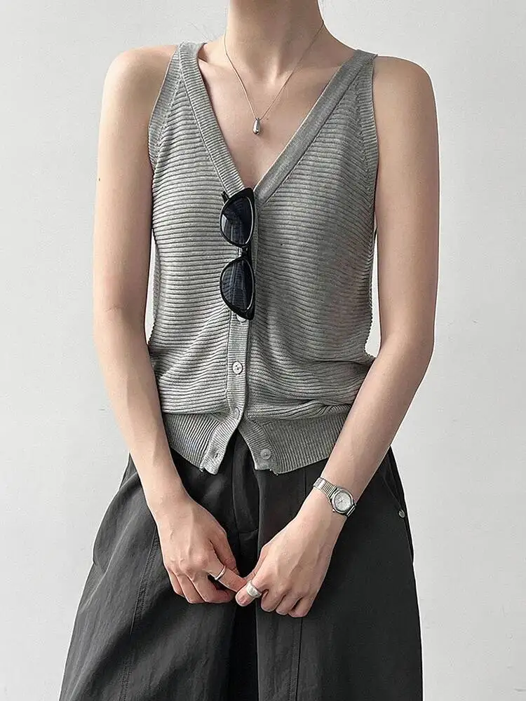 Women Gray Brief Knittng Slim Tank Tops New V-collar Sleeveless Personality Fashion Tide Spring Summer
