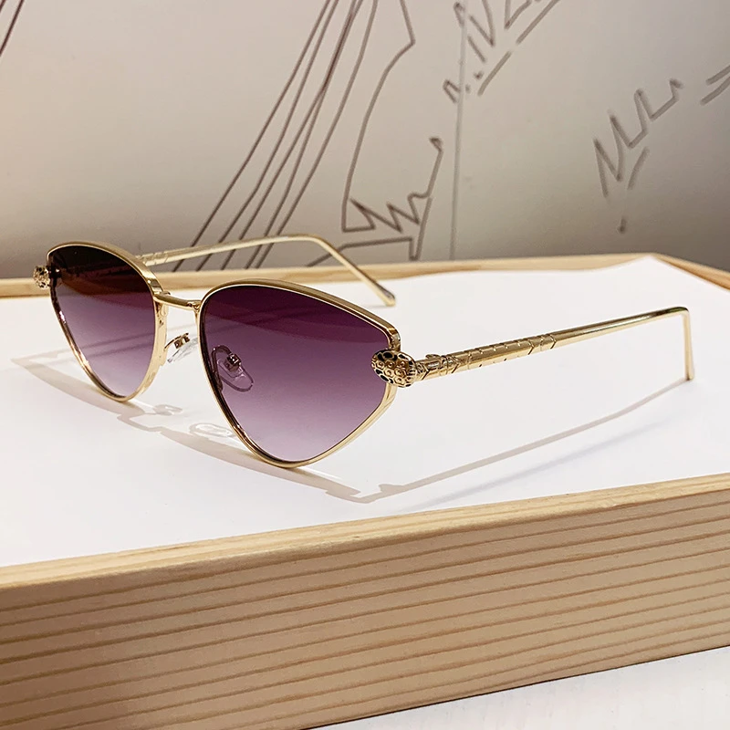 Rahmenlose Sonnenbrille mit Schnittkante für Damen mit Leopardenkopf und Katzenaugen, Metallrahmen-Design, Modische Sonnenbrille – Detail 7