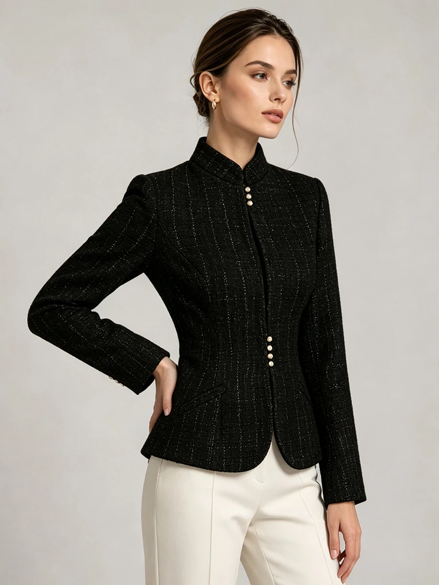 LIMO Women Glitter Tweed Blazer  Long Sleeve Slim Hem Vintage Elegant Office Formal Tailored Short Suit Jacket