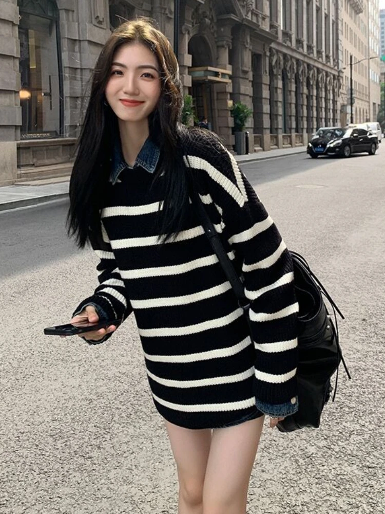 Slouchy Baggy Striped Sweaters Women All-match Casual Stylish Harajuku Japanese Style Knitwear Autumn Hipster High Street Daily