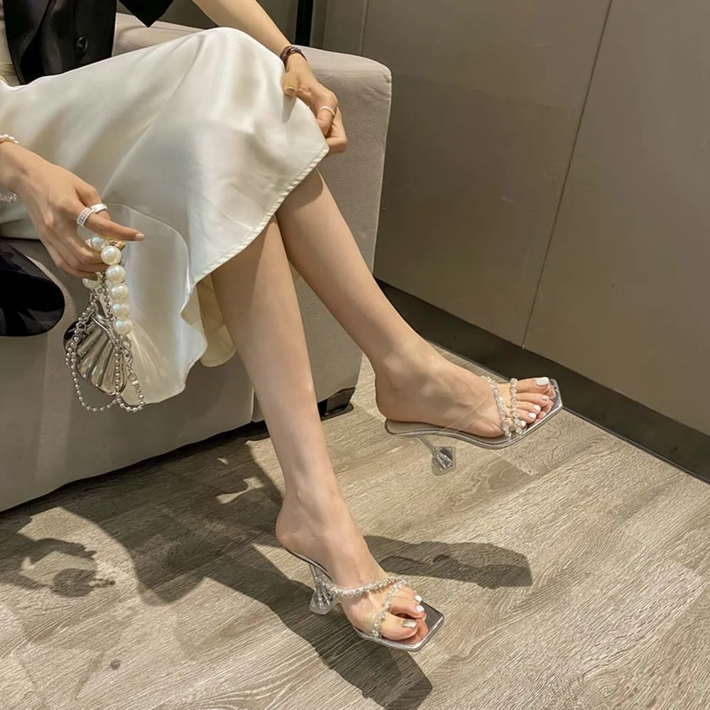 

Casual Women Slippers Slides Thin High Heels Summer Outside Mules Shoes Stiletto Party Pumps Dress Wedding Shoes Woman Size 39