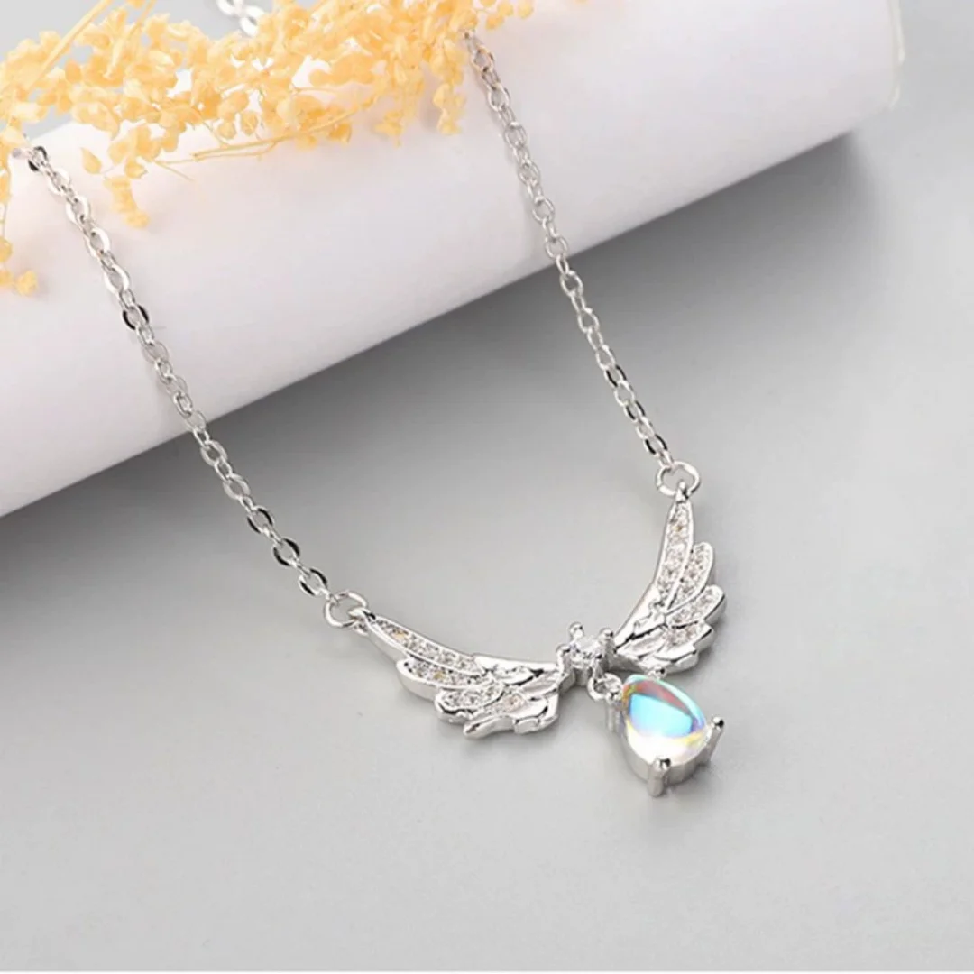 Uini Tail hot selling new 925 sterling silver fashionable angel wing moonstone necklace trendy dynamic wing necklace  XL116