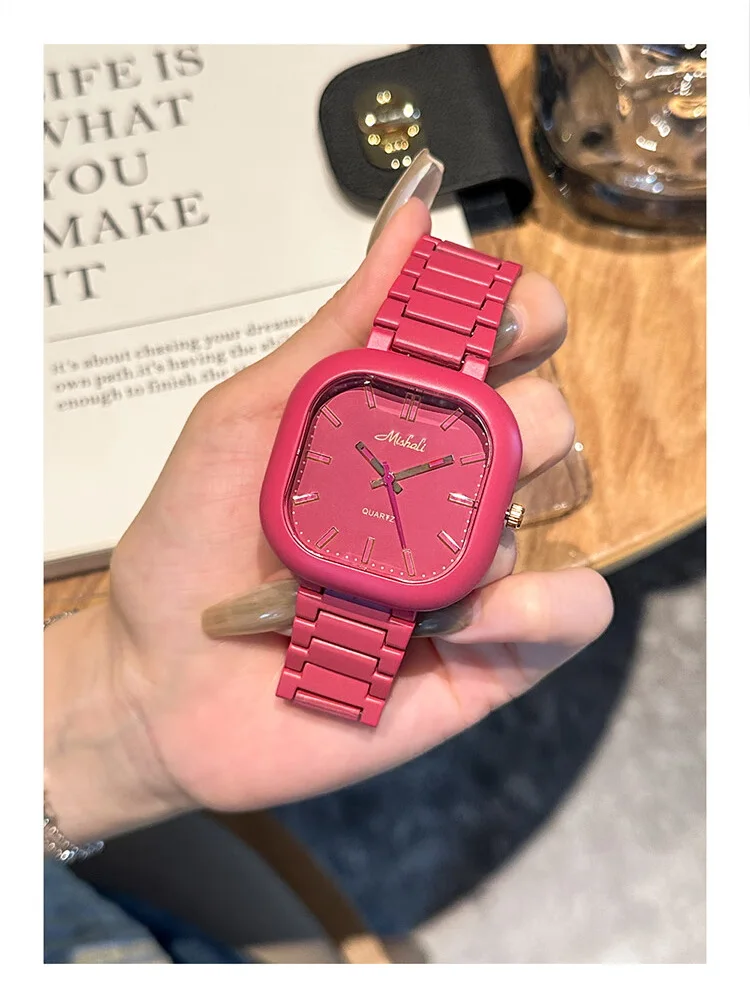 

DINIMI Watch female brand simple temperament large dial dopamine square high school students steel belt quartz wrist wa