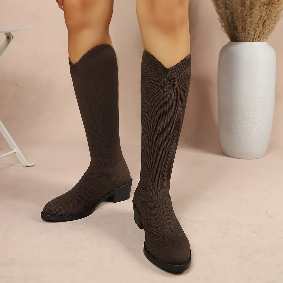 2026 Neue Winter-Stretch-Sockenstiefel, Kniehohe Stiefel für Damen, Dicke Sohle, Schlanke Form, Hoher Absatz, Große Größen, Runde Spitze, Damenstiefel – Detail 7