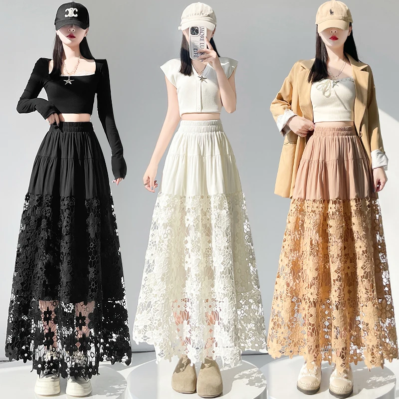 

Lace Hollow out Flower f Skirt Women's Spring Summer High Waist Splicing Hook Flower Embroidery Large Swing Midi A-Line Skirt