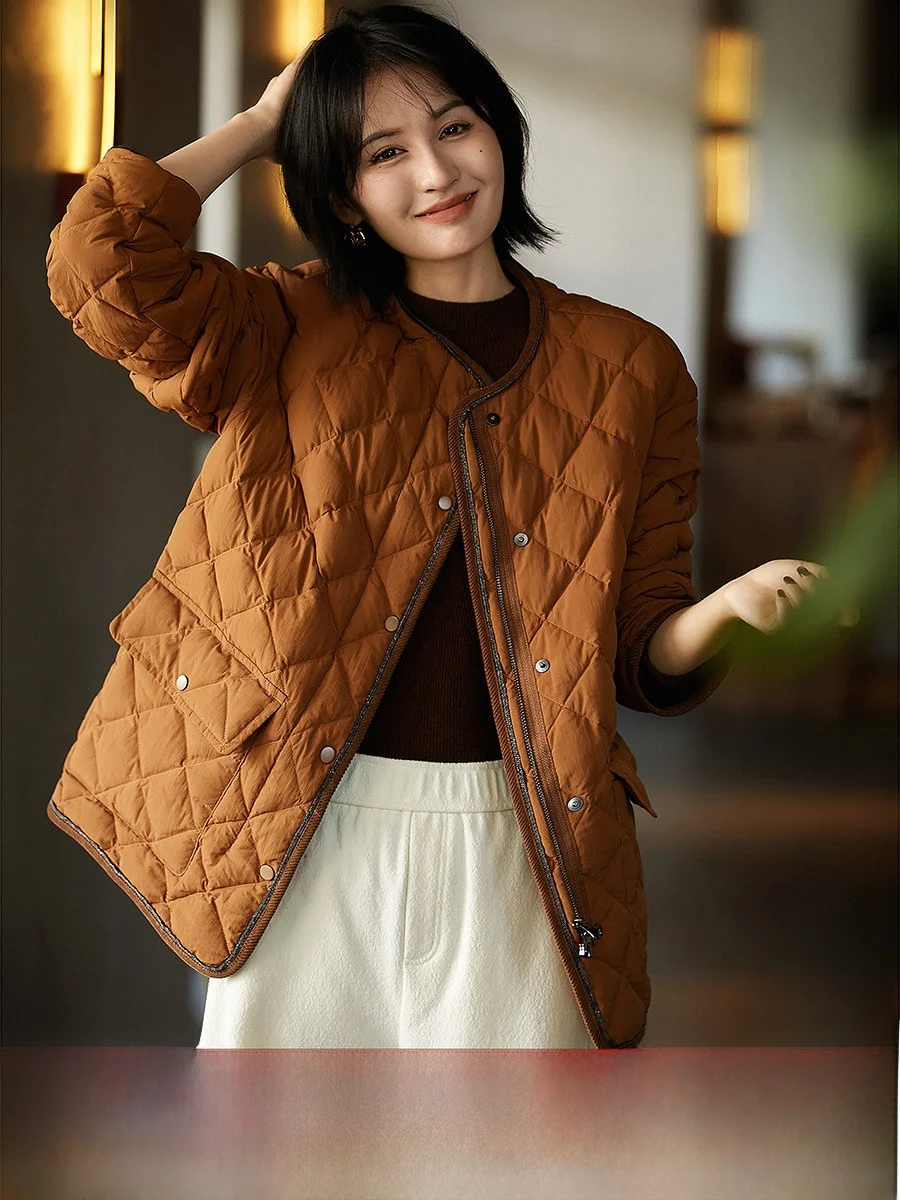 

ort Quilted Women's Jaet Sugar Cube Goose down 95% Northeast White Goose Diamond Pattern Sli Warm Nylon Fabric Coat