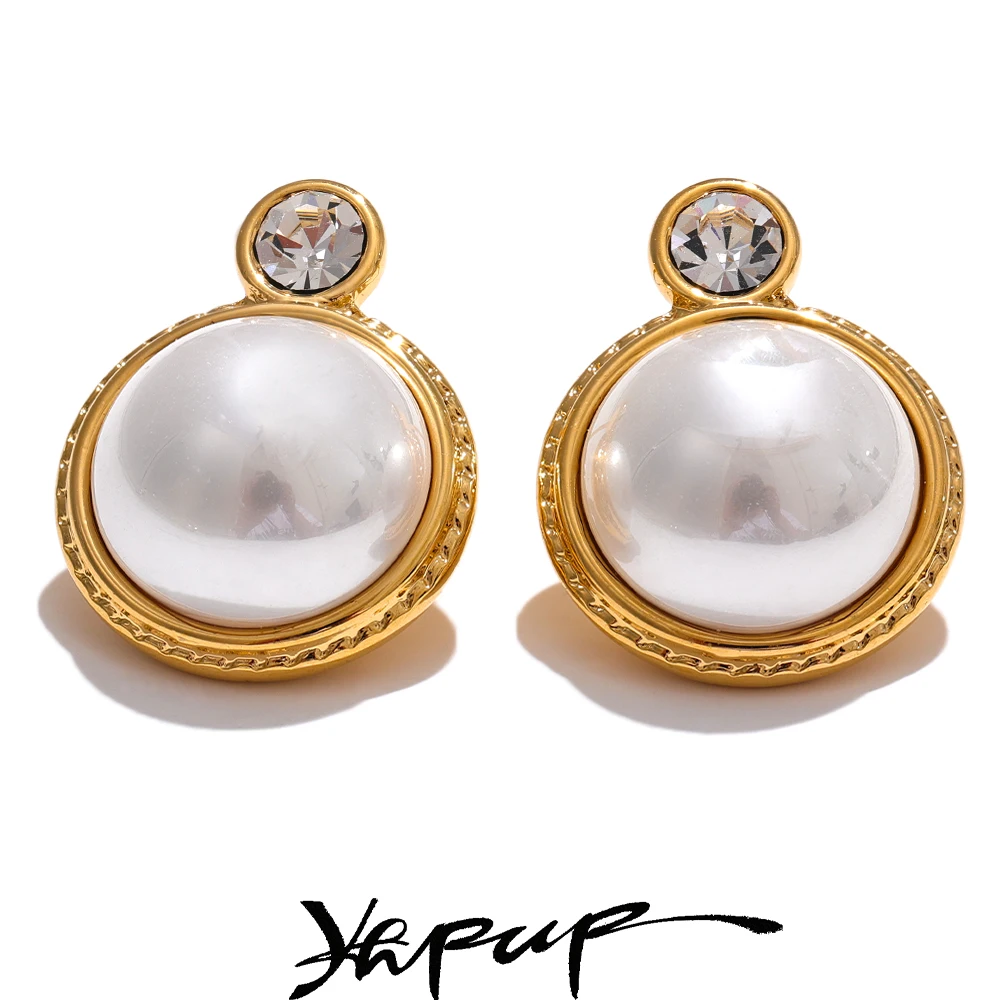 Yhpup Waterproof Korean Style Zirconia Imitation Pearls Stud Earrings Stainless Steel Elegant Daily Classic Fashion Jewelry