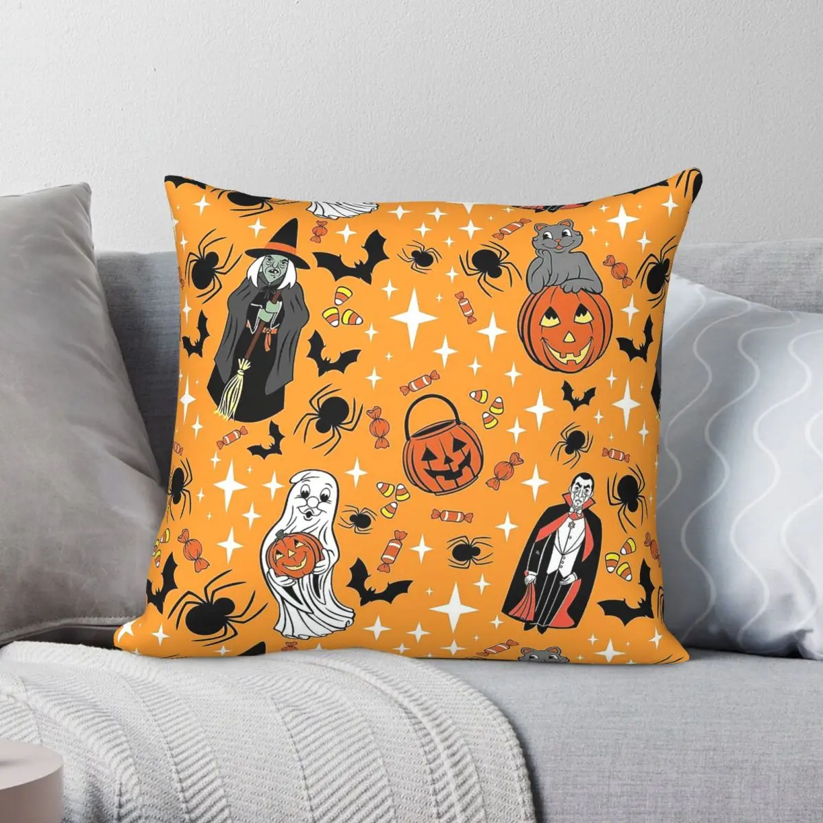 Orange Halloween Dracula Witch Square Pillowcase Polyester Linen Velvet Pattern Zip Decorative Home Cushion Cover