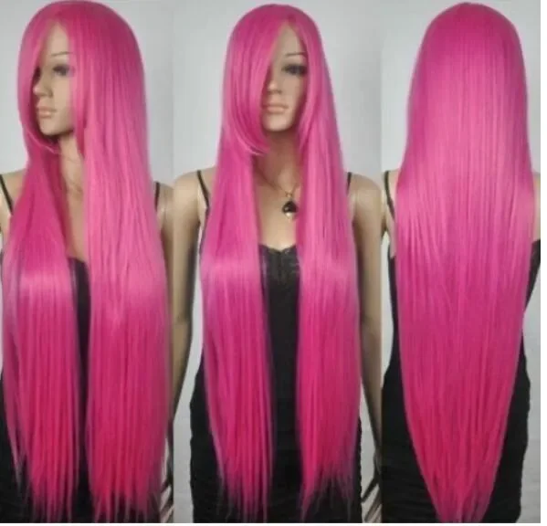 

FREE SHIPPING 80cm New Extra Long Rose Pink Straight Rap unzel Tangled Bangs Cosplay Hair Wigs