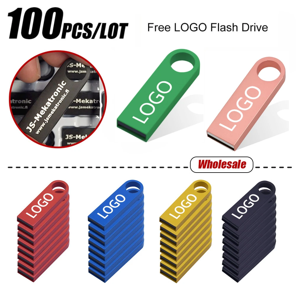 100PCS/LOT Colorful Metal USB Flash Drive 128GB Free Custom Logo Memory Stick 64GB Real Capacity Pendrive 32GB Creative Gift