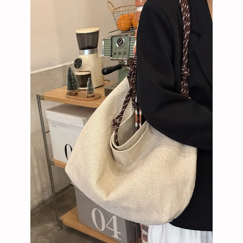 Large capacity lazy idyllic tote women's bag new bucket type open one shoulder hand linen bag
