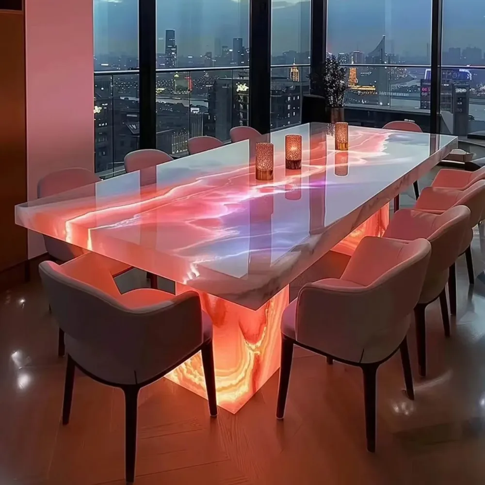 Luminous Jade Onyx Stone Conference Table Chairs LED Meeting Room Furniture Desk For Business Office Executive Commercial Decor
