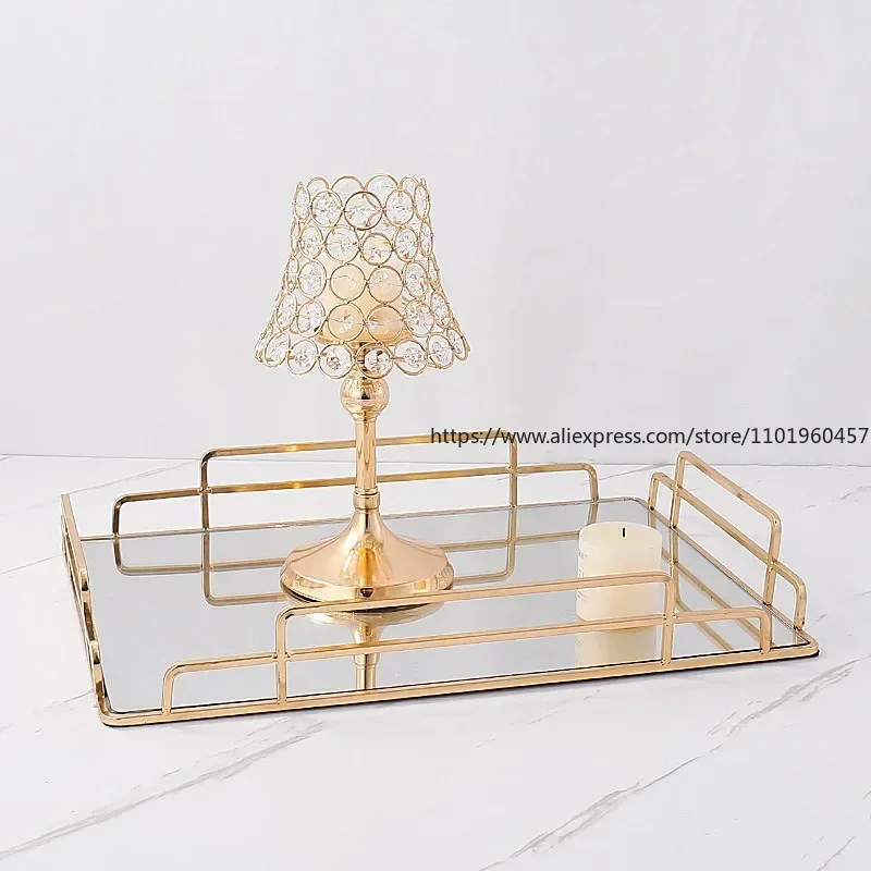 Golden Stroke Glass Mirror Rolling Tray Nordic Large Rectangle Tea Cup Wine Set Coffee Table Trays Decorative Organizer Kitchen