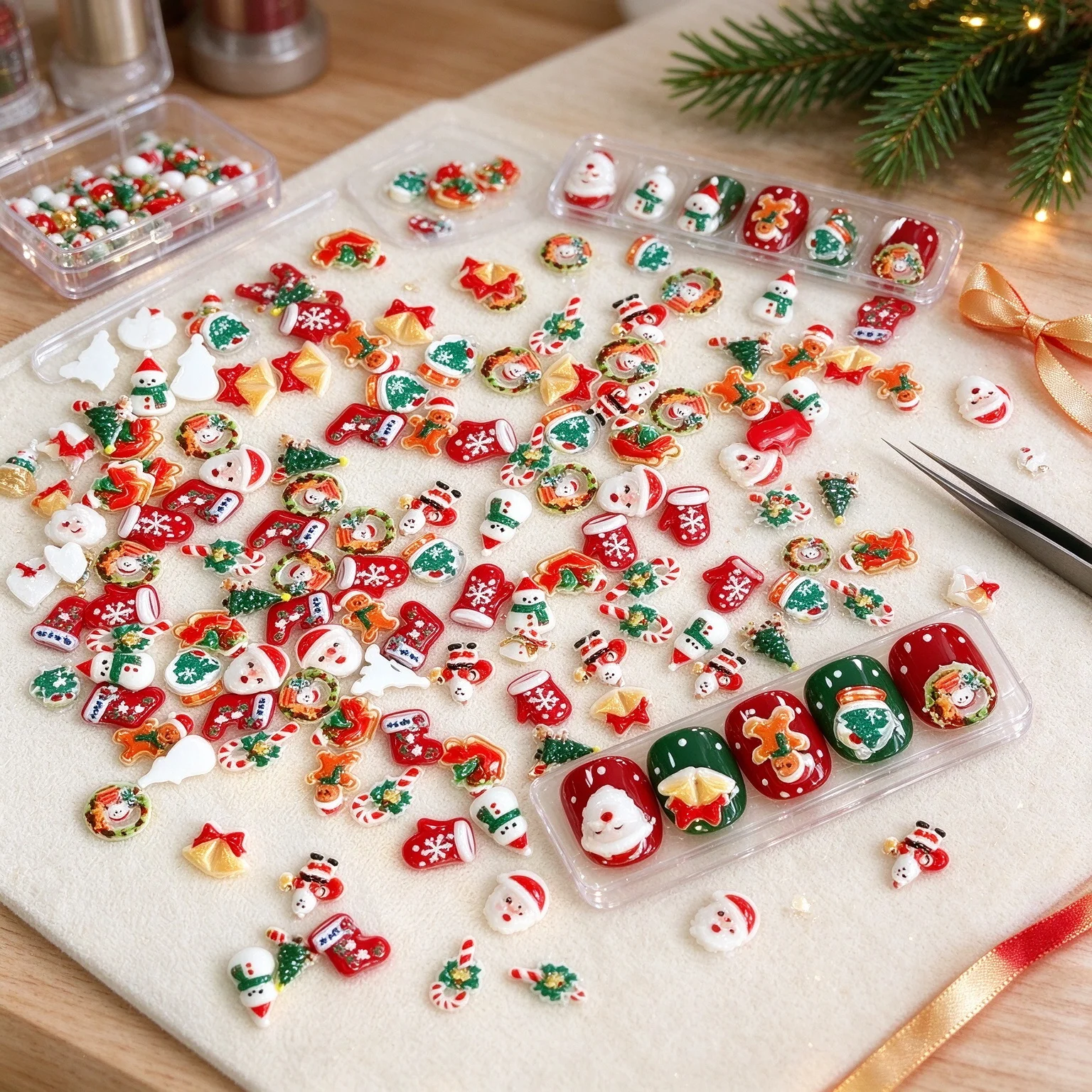 50Pcs Xmas Nail Art Resin Charms Cute 3D Mixed Snowman Santa Sock Candy Cane Star Nail Ornaments DIY Christmas Manicure Decors *