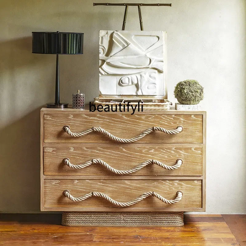 

Solid wood chest, American retro weathered old drawer cabinet, French medieval entrance decorative cabinet