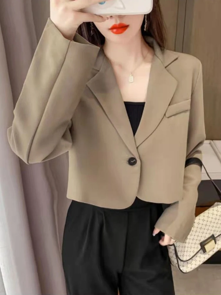 Jmprs Fashion Single Button Women Cropped Blazer Korean Long Sleeve Elegant Suit Jacket Office Ladies Female Khaki Coat