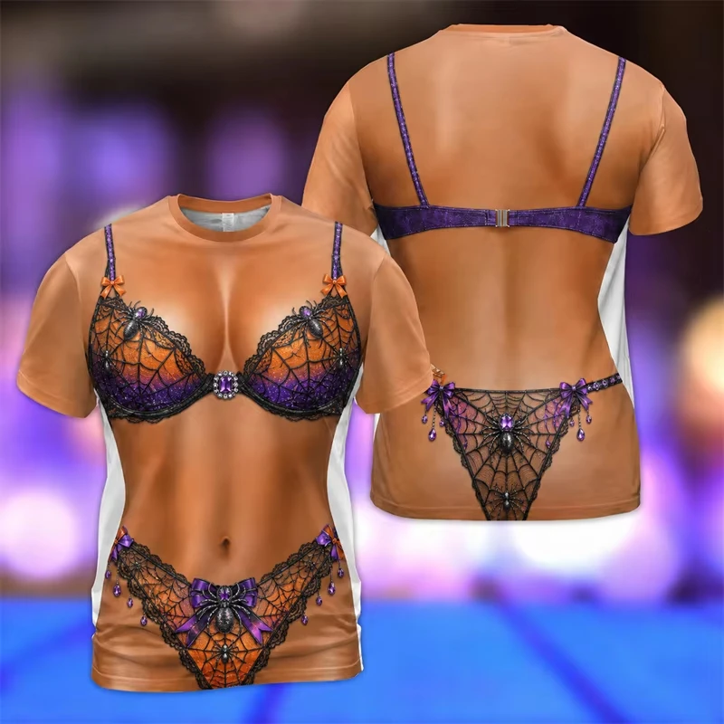 Unisex Halloween 3D Fake Bikini Body Print T‑Shirt, Funny Illusion Tee Candy Ghost Skull Black Cat Spider Tops for Men Women - view 4