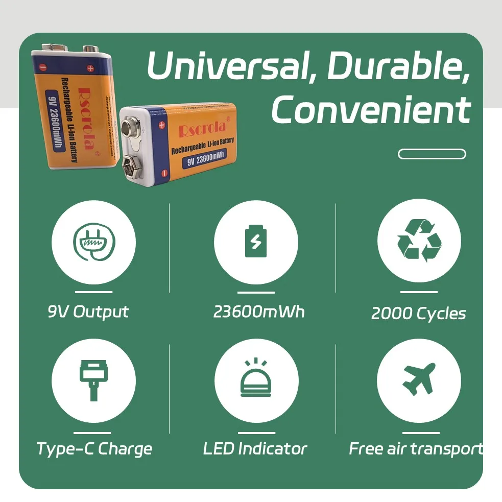 Rechargeable 9V Battery 23600mWh, USB C Charge Li-ion 9V Battery with Charging Cable, Fast Charge 9V Batteries for Home&Office