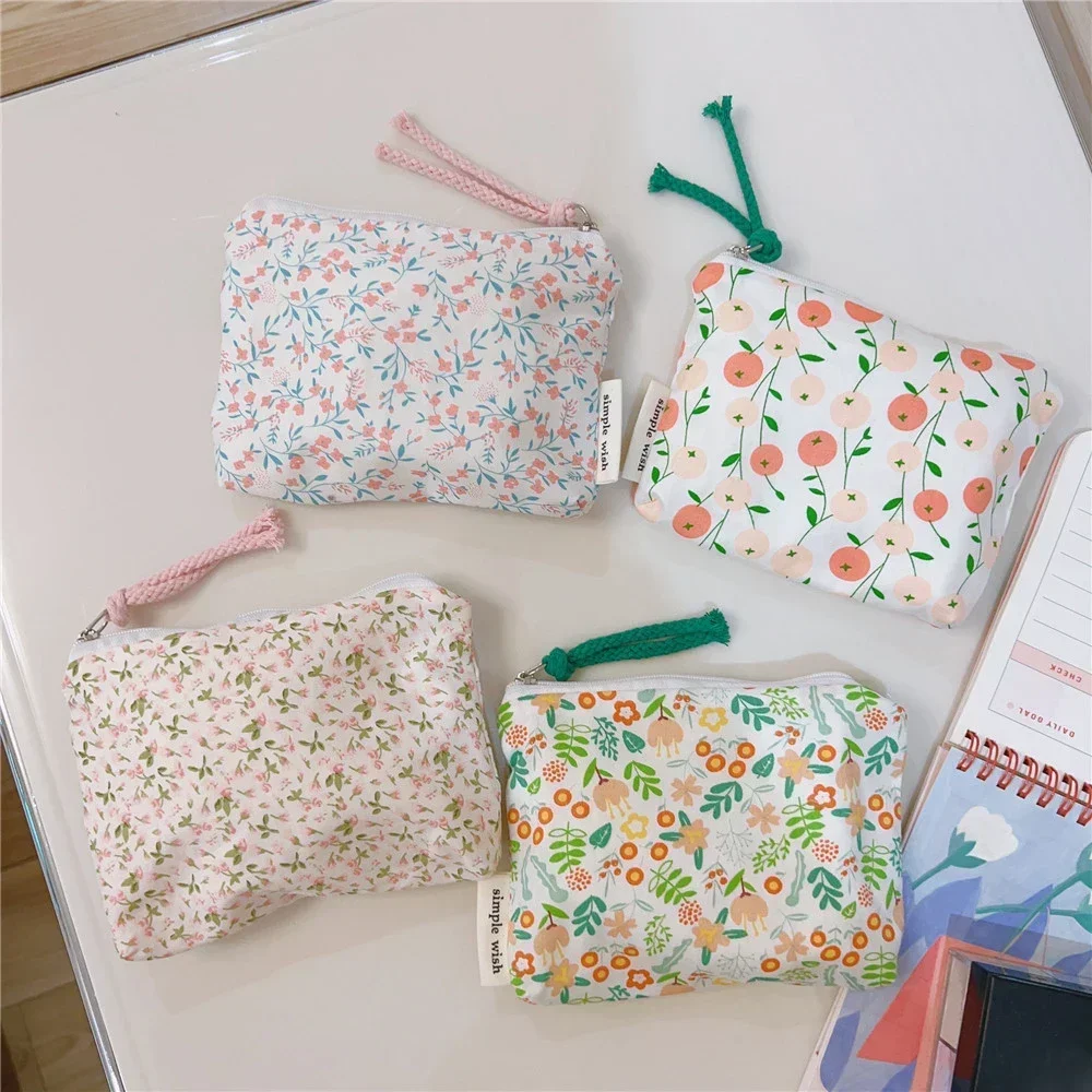 Fresh Pink Floral Cotton Cosmetic Bag Cute Mini Makeup Case for Lipstick Coin Purse card case and Earphone Storage