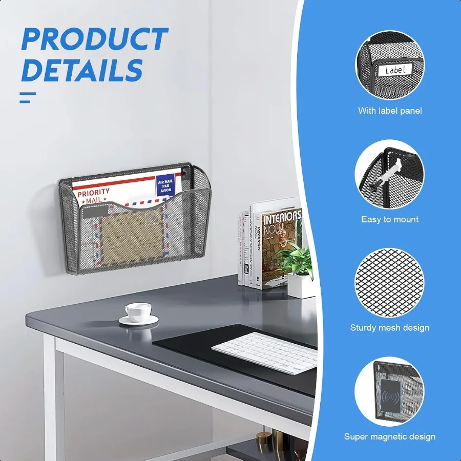 6 عبوات من حامل الملفات المغناطيسي الشبكي، منظم الملفات الجداري، منظم البريد، حامل مجلد الورق للمكتب والمنزل بدون حفر