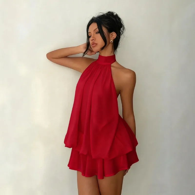 

European American Cross-border Women's Clothing Holiday Slim-fitting Sexy Backless Neck Strap Waist Top Fluffy Short Skirt Dress