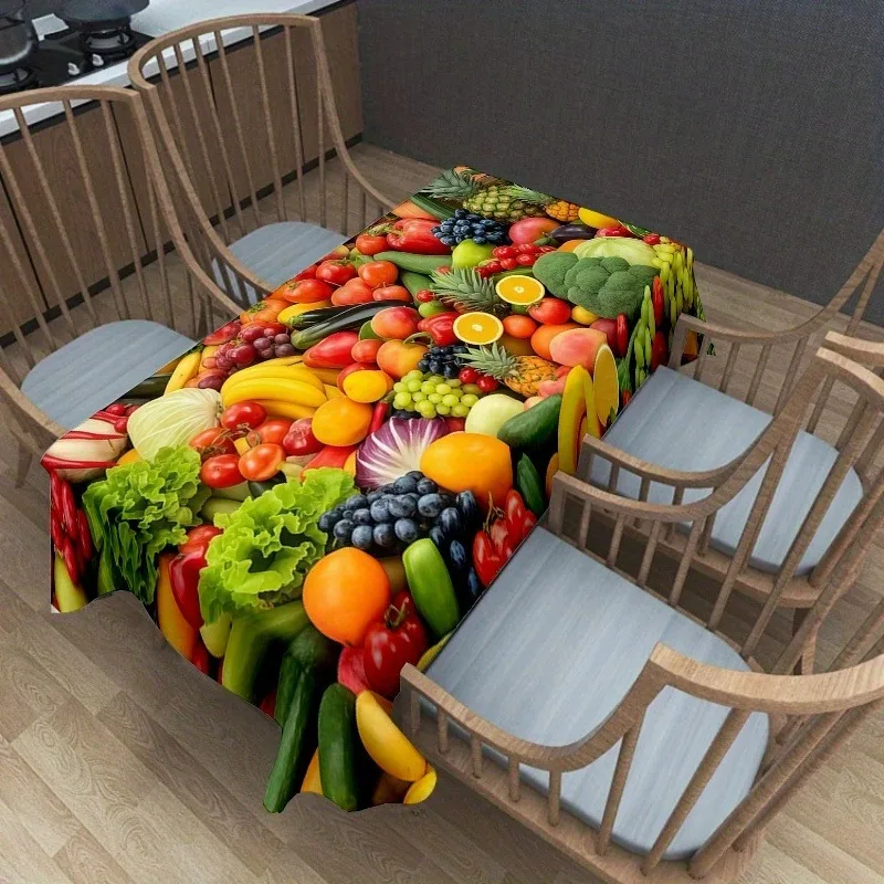 A Vibrant Fruit Print Tablecloth in a Rectangular Shape Made of Polyester, Suitable for Decorating Kitchens And Dining Rooms. It Is Machine Washable And Perfect for Various Occasions Such As Parties, Camping, And Picnics. Ideal for All Seasons