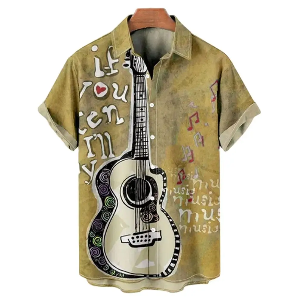 

Music Guitar Print T-Shirt Men's Rock Hip Hop Top Men's Short Sleeve V-Neck Ahloa Beach Shirt Camisa Social Masculina