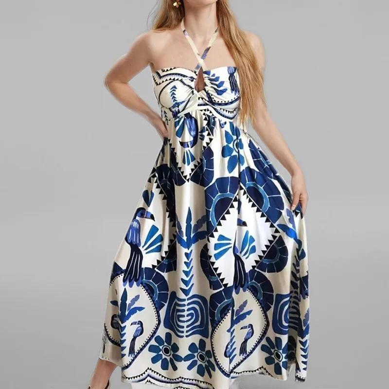 

Sexy Blue Pattern Print Long Dresses Women's 2025 Summer Hanging Neck Hollow Lace Up Sleeveless Elegant Ladies Strapback Dress