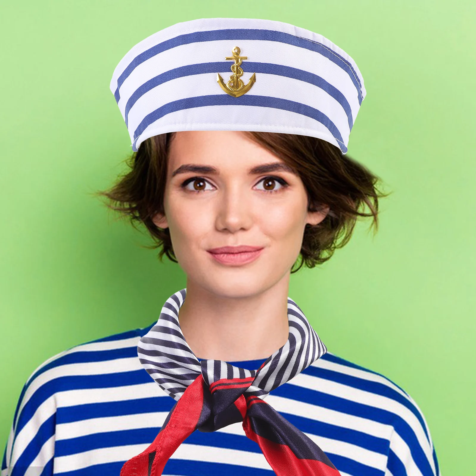 

Captain Hat Scarf Set Blue White Striped Sailor Costume Party Accessory Lightweight Polyester Navy Cosplay for party