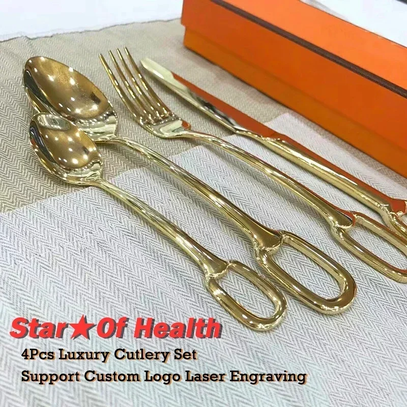 

4Pcs Luxury Cutlery Set Creativity European Style Knife Fork Spoon Stainless Steel Tableware Elegant Dinnerware Hangable Design.