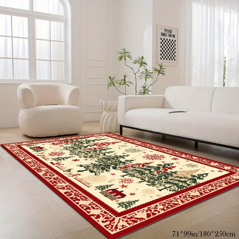 VIKAMA Christmas Area Rug Nordic Fair Isle Tree Snowflake Reindeer Cabin Print Non‑Slip Xmas Living Room Floor Mat Holiday Decor