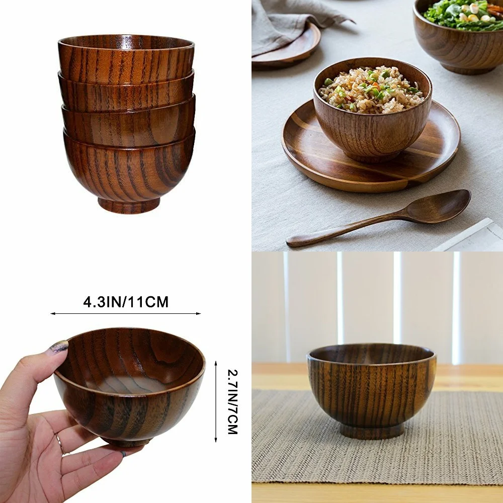 

4 piece Japanese style solid wood bowl set for salad miso soup fruit dessert serving decorative kitchenware natural finish table