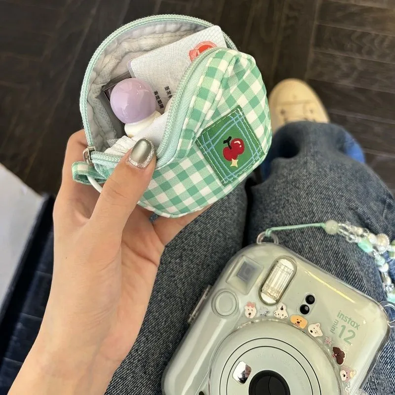 Hot selling cute green apple round coin wallet, green grid mini headphone storage bag, portable fabric card wallet