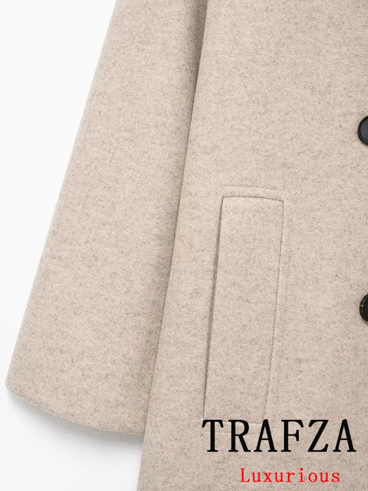 TRAFZA Vintage Chic Solid Women Overcoat Double Breasted Turn-down Collar Oversized Long Jackets Fashion 2024 Autumn Winter Coat