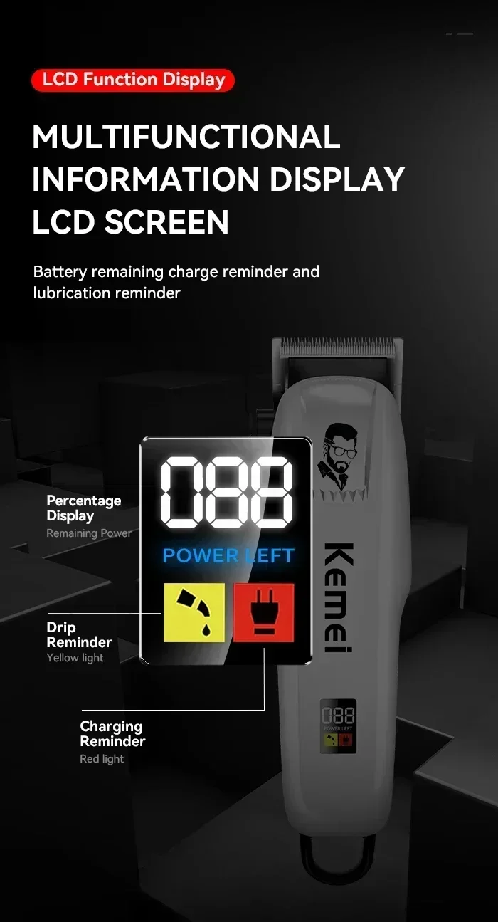 Kemei Haarschneidemaschine KM-PG809A KM-PG232 LCD USB Lade Einstellbar Professionelle Schneidemaschine KM-3382 Rasierer Trimmer für Männer – Detail 10