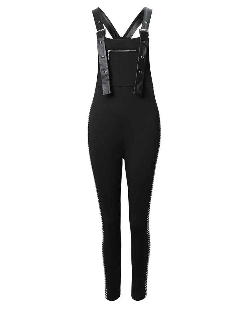 Summer Rhinestone Decor Buckled Suspender Jumpsuit 2025 Women Long Jumpsuits Elegant New Fashion Woman Casual Daily Clothing