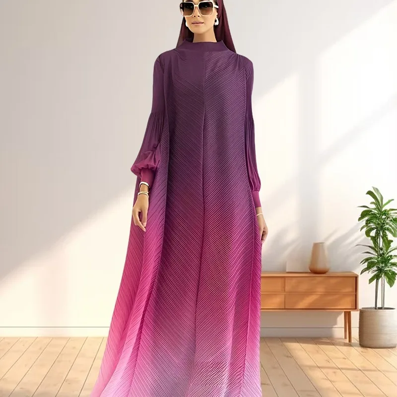 

Miyake Pleated 2025 New Temperament Gradient Color Bubble Sleeve Long Dress Loose Large Size Women's Dignified Classy Dresses