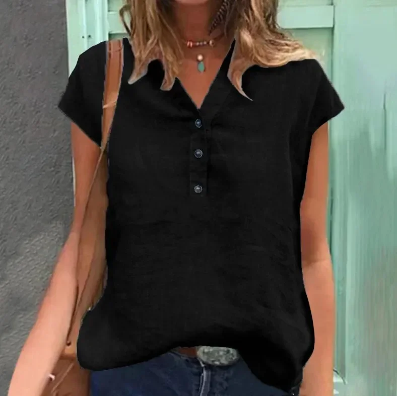 Women Cotton Linen Summer Blouse Solid Color Simple Short Sleeve V Neck Quick Dry Women T-shirt Daily Clothes Ropa Mujer Blusas