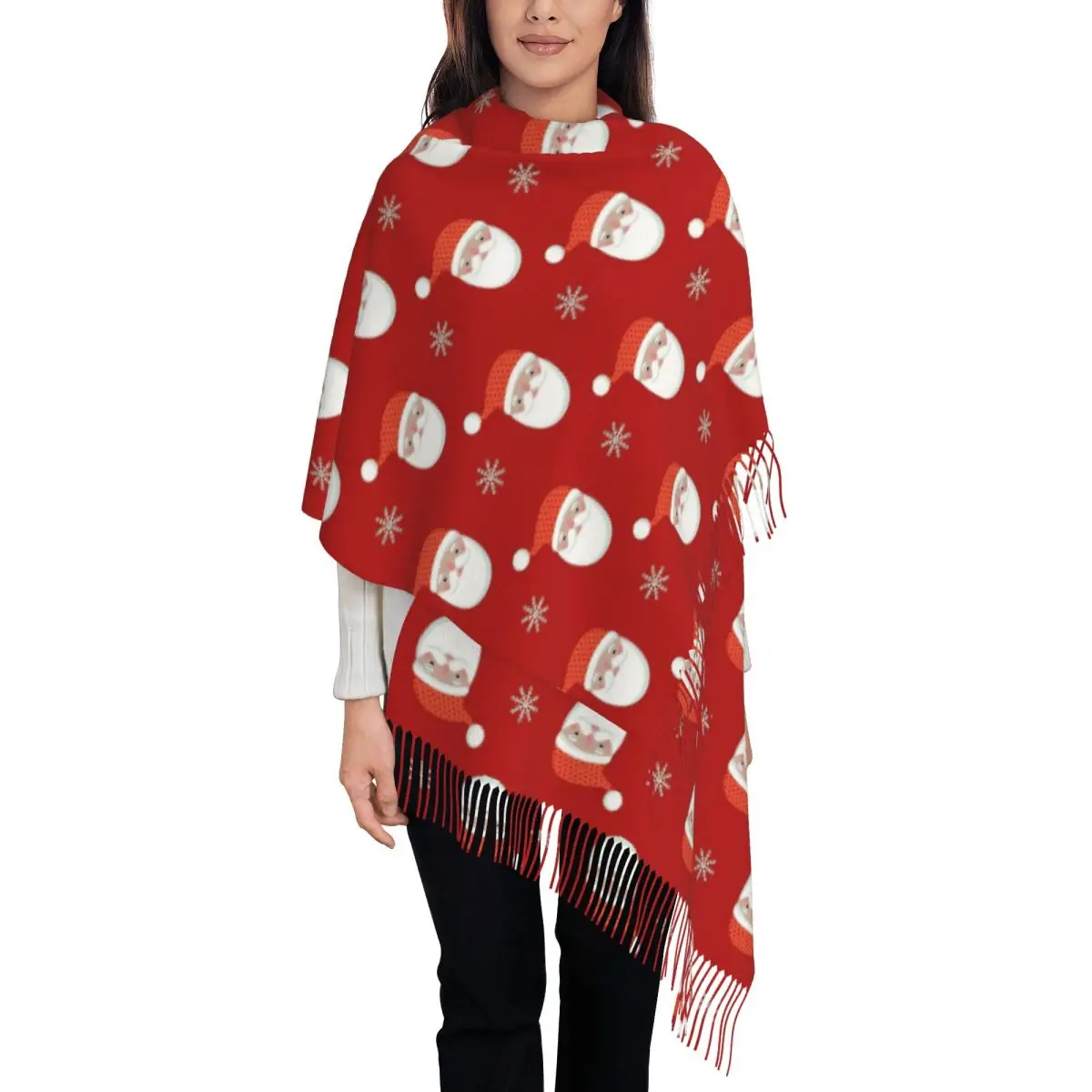 Womens Scarf with Tassel Christmas Santa Claus Snowflakes Single-sided Pattern Soft Warm Shawl Wrap New Year Cashmere Scarf