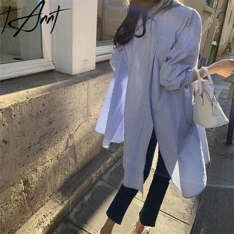 

Tannt Women Shirt Asymmetry Split Stripes Oversize Casual Shirts Blouses Long Sleeves Loose Casual Long Blouses Tops Women 2024