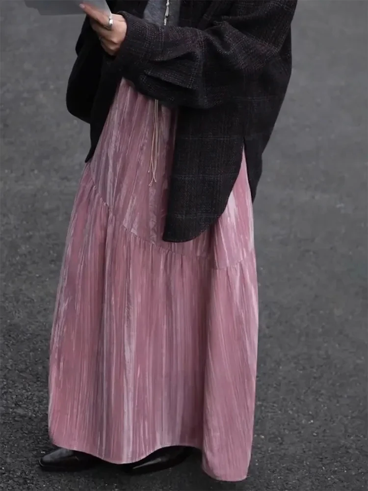 

Korean Chic Folds Midi Skirt for Women Autumn High Waist Streetwear Casual Skirts Y2K Vintage All Match Pink A Line Skirts Mujer