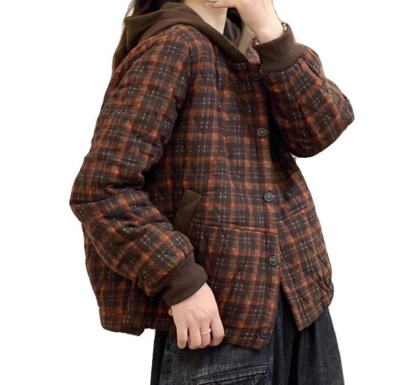 2025 Retro Checkered Hooded Cotton Jacket for Women's Winter Look Thin  Lightweight  and Warm Cotton Jacket