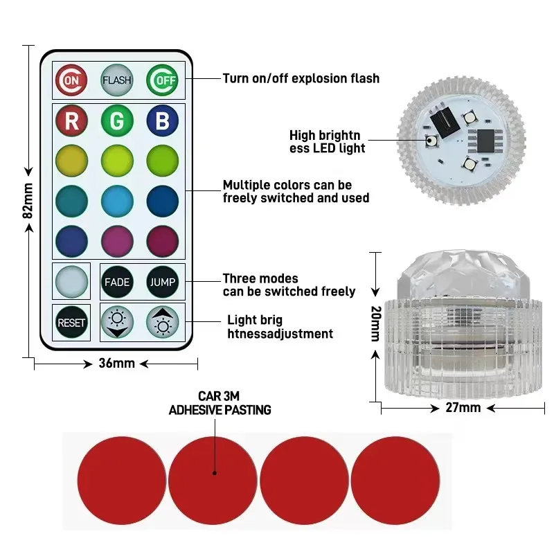 LED Wireless Bonding LED Car Interior Environmental Light Remote Control Decoration Car Roof Foot Atmosphere Light Rolor Battery