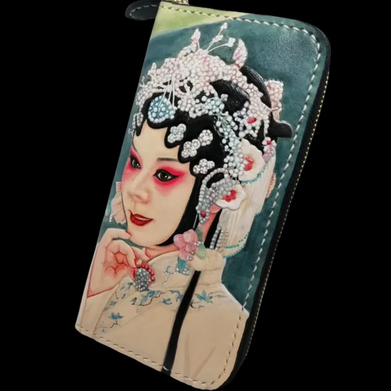 Handmade Ladies 'Female Role in Chinese Opera 'Wallets Purses Women Clutch Vegetable Tanned Leather Wallet Card Holder