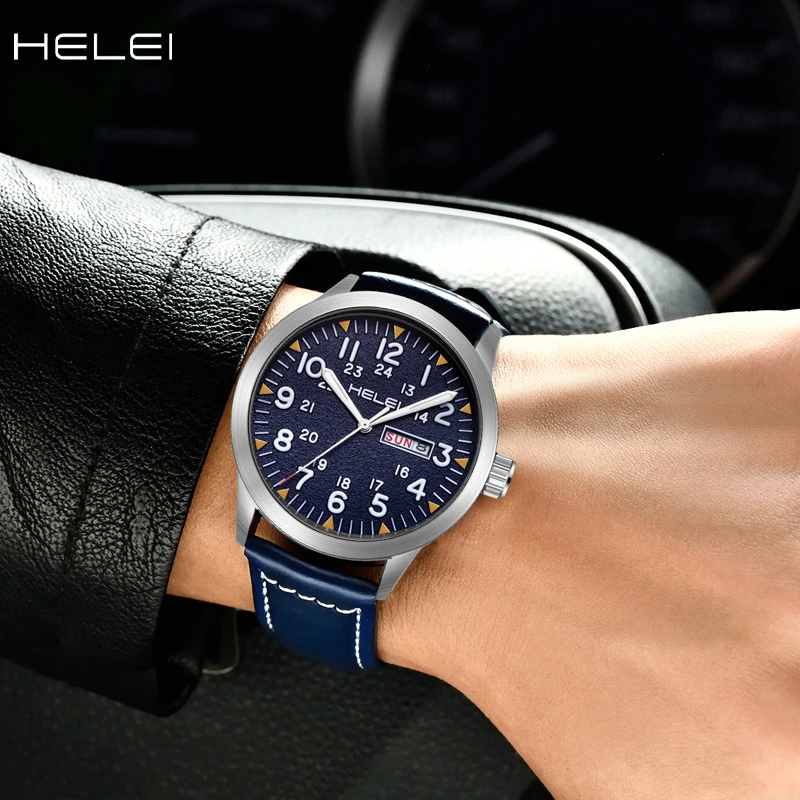 HELEI Fashion new sports casual quartz watch date genuine leather strap men\'s wristwatch