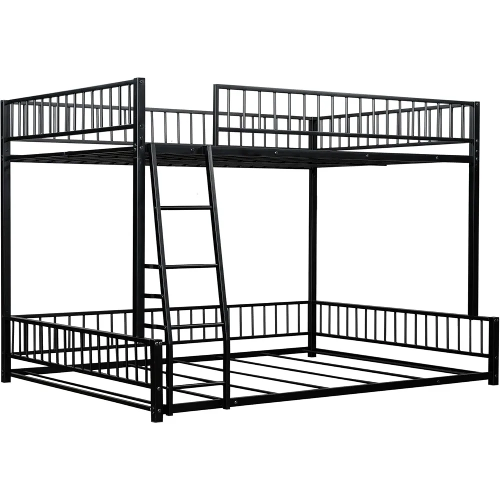 إطار سرير بطابقين كامل مقاس XL مع سلم وقضبان أمان، أسود