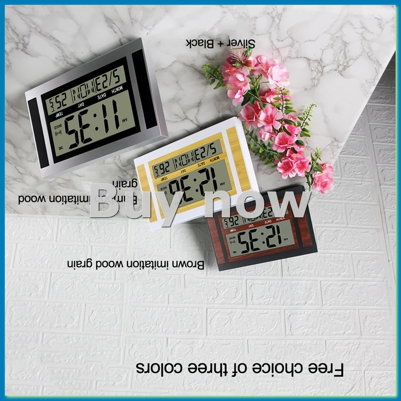 Digital Wall Clock LCD Large Number Time Temperature Calendar Alarm Table Desk Clock Modern Design Office Home Silver-ROWI